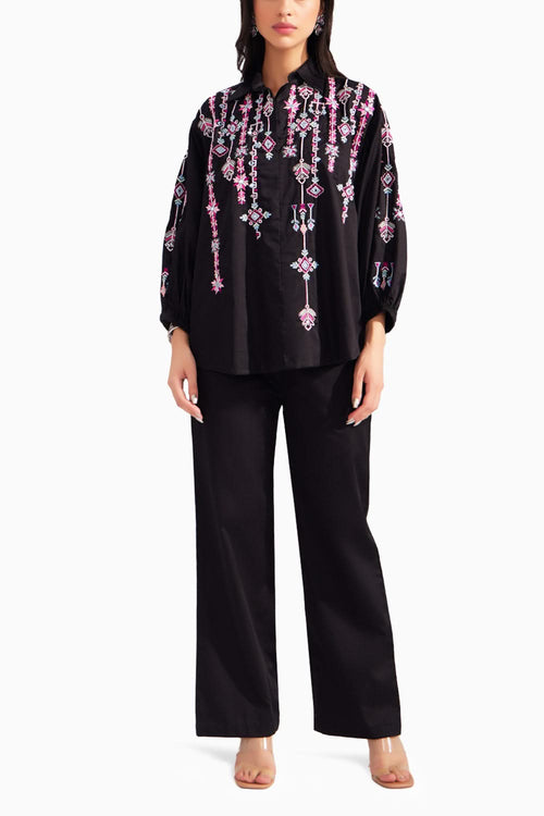 Black Embroidered Artist Shirt and Straight Pant Set