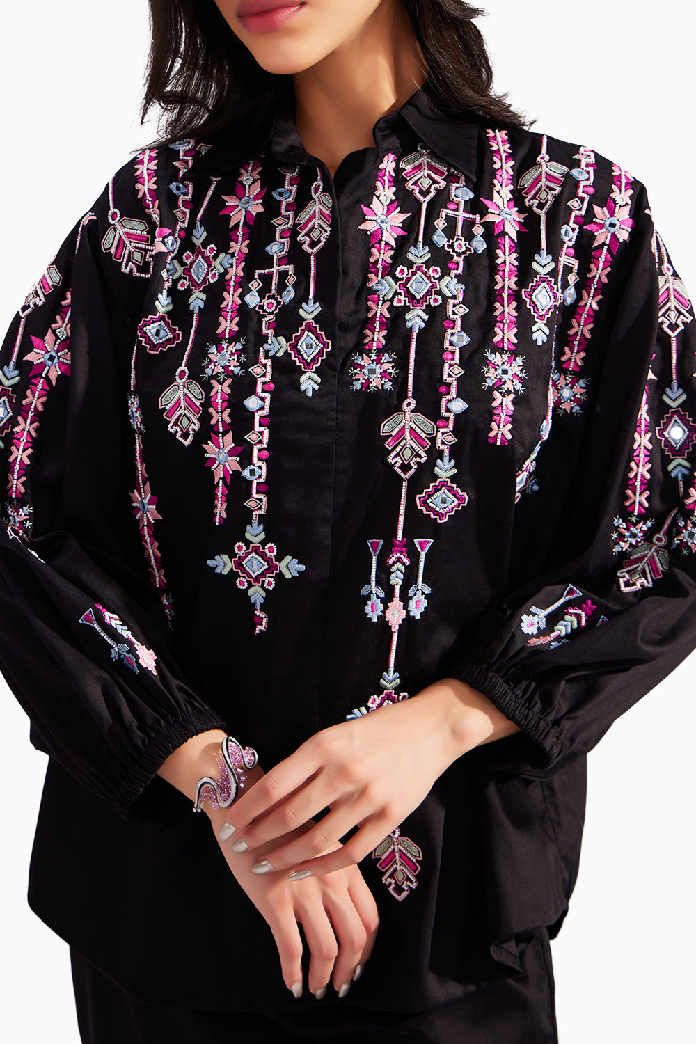 Black Embroidered Artist Shirt and Straight Pant Set