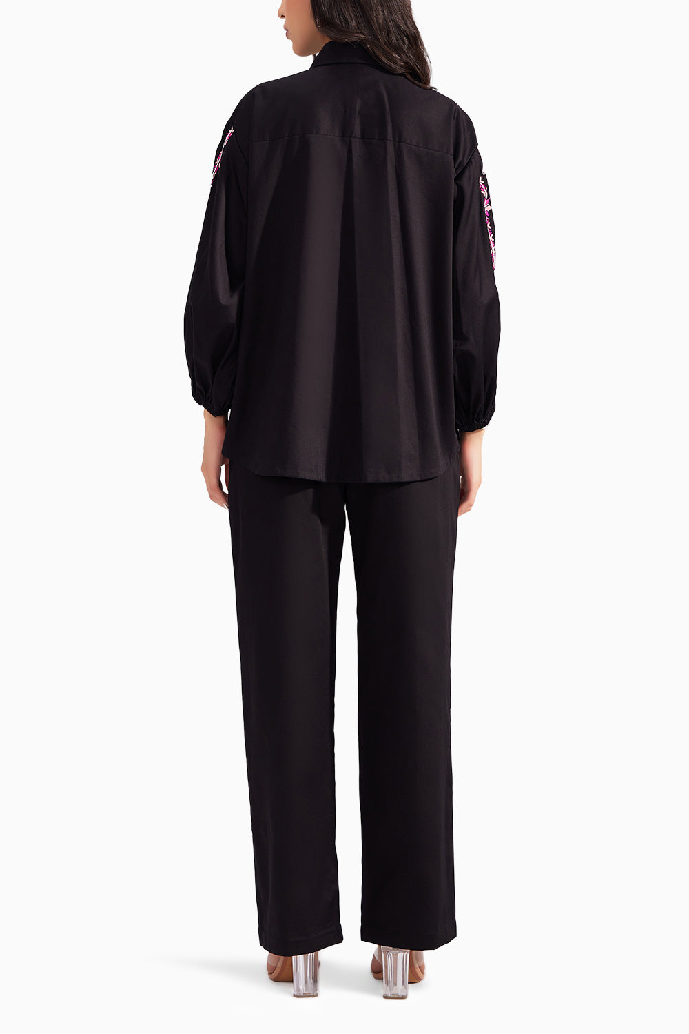 Black Embroidered Artist Shirt and Straight Pant Set