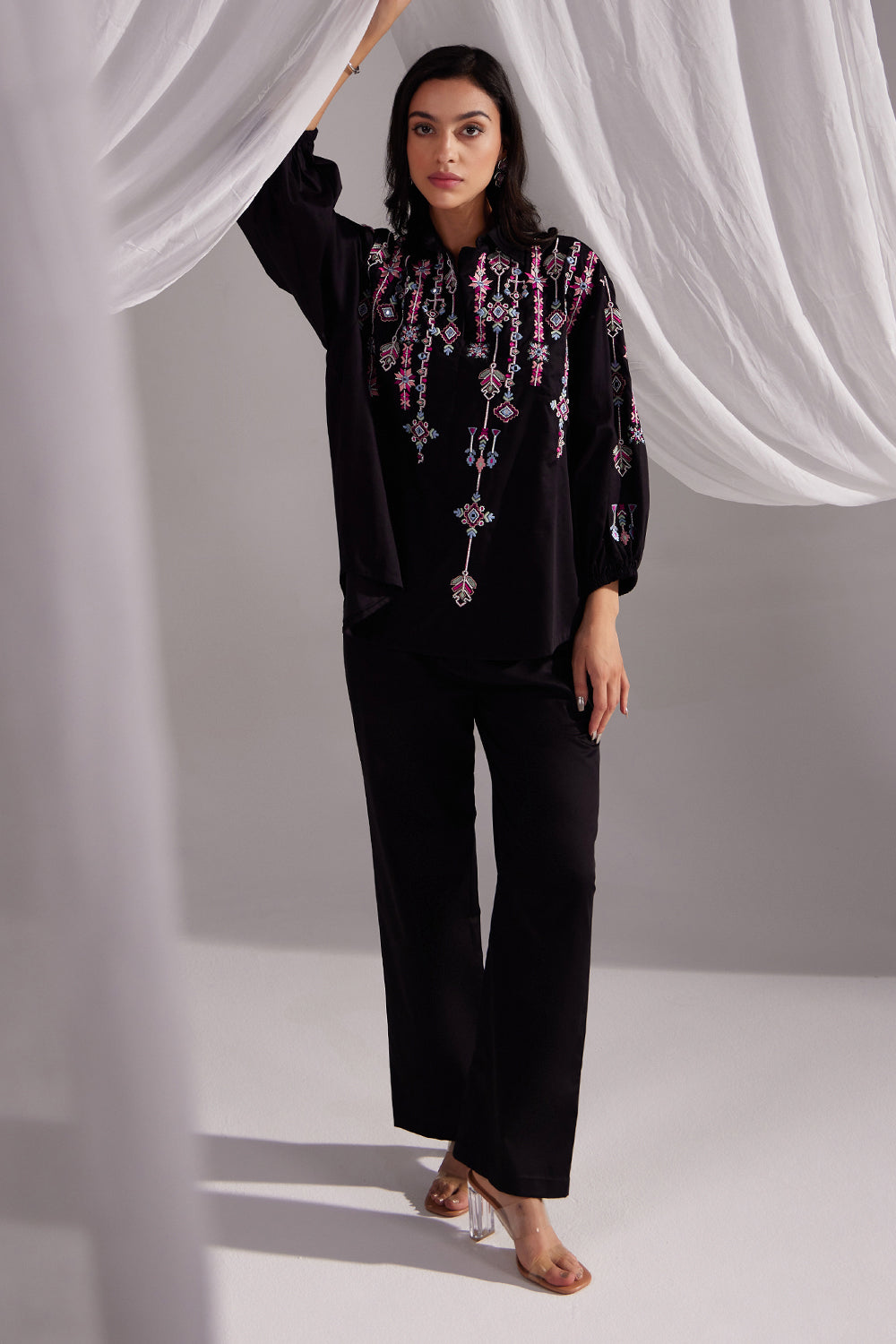 Black Embroidered Artist Shirt and Straight Pant Set