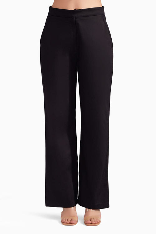 Black Cotton Satin Straight Pants