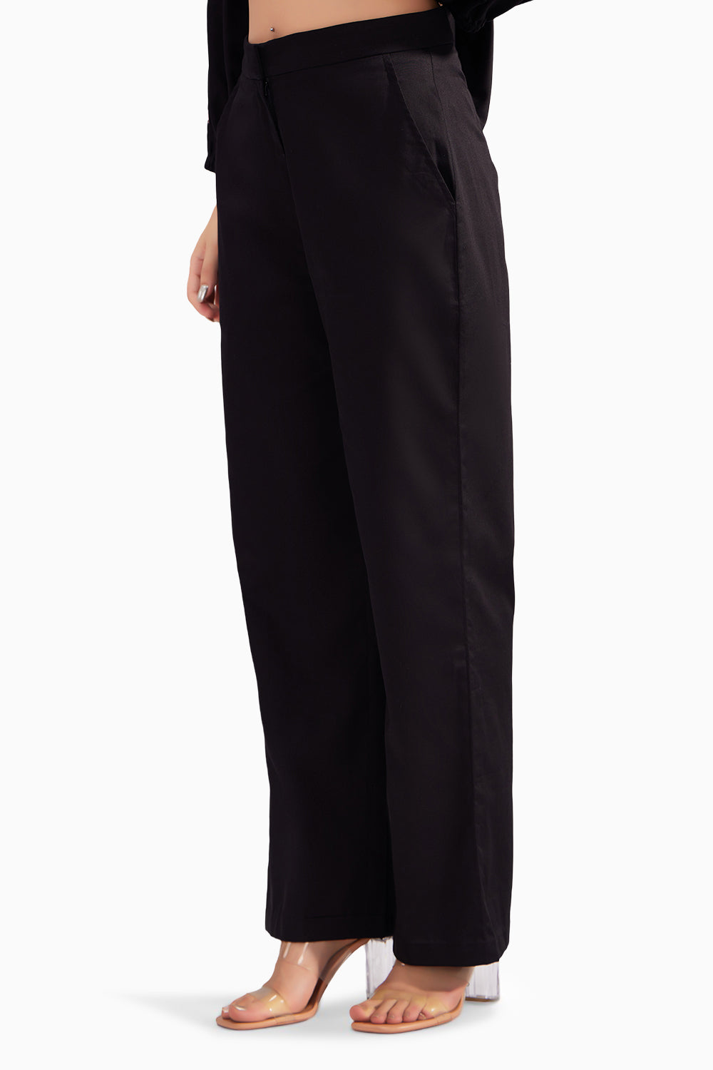 Black Cotton Satin Straight Pants