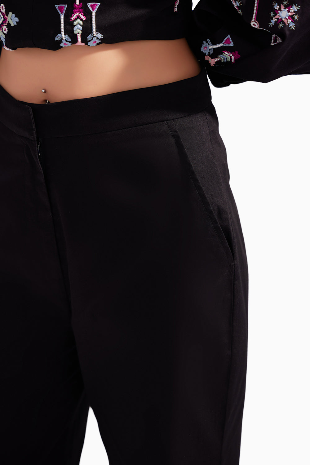 Black Cotton Satin Straight Pants