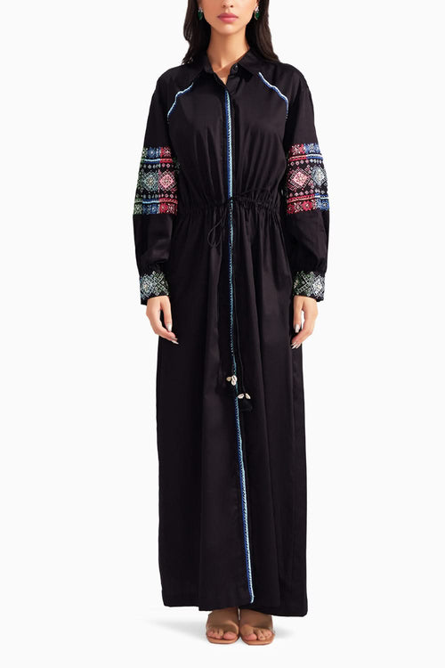 Black Long Tie Up Embroidered Dress