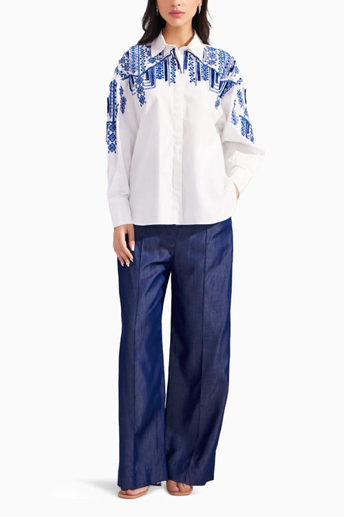 White moroccon embroidered shirt and Denim tencel everyday straight pants