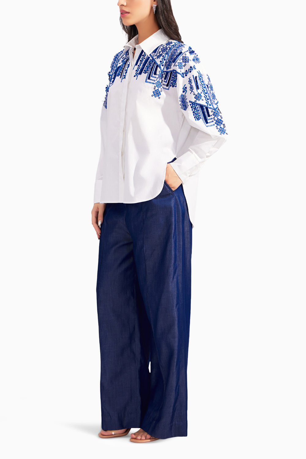 White moroccon embroidered shirt and Denim tencel everyday straight pants