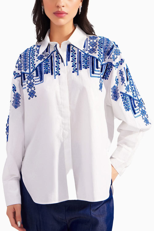 White Cotton Moroccan Embroidered Shirt