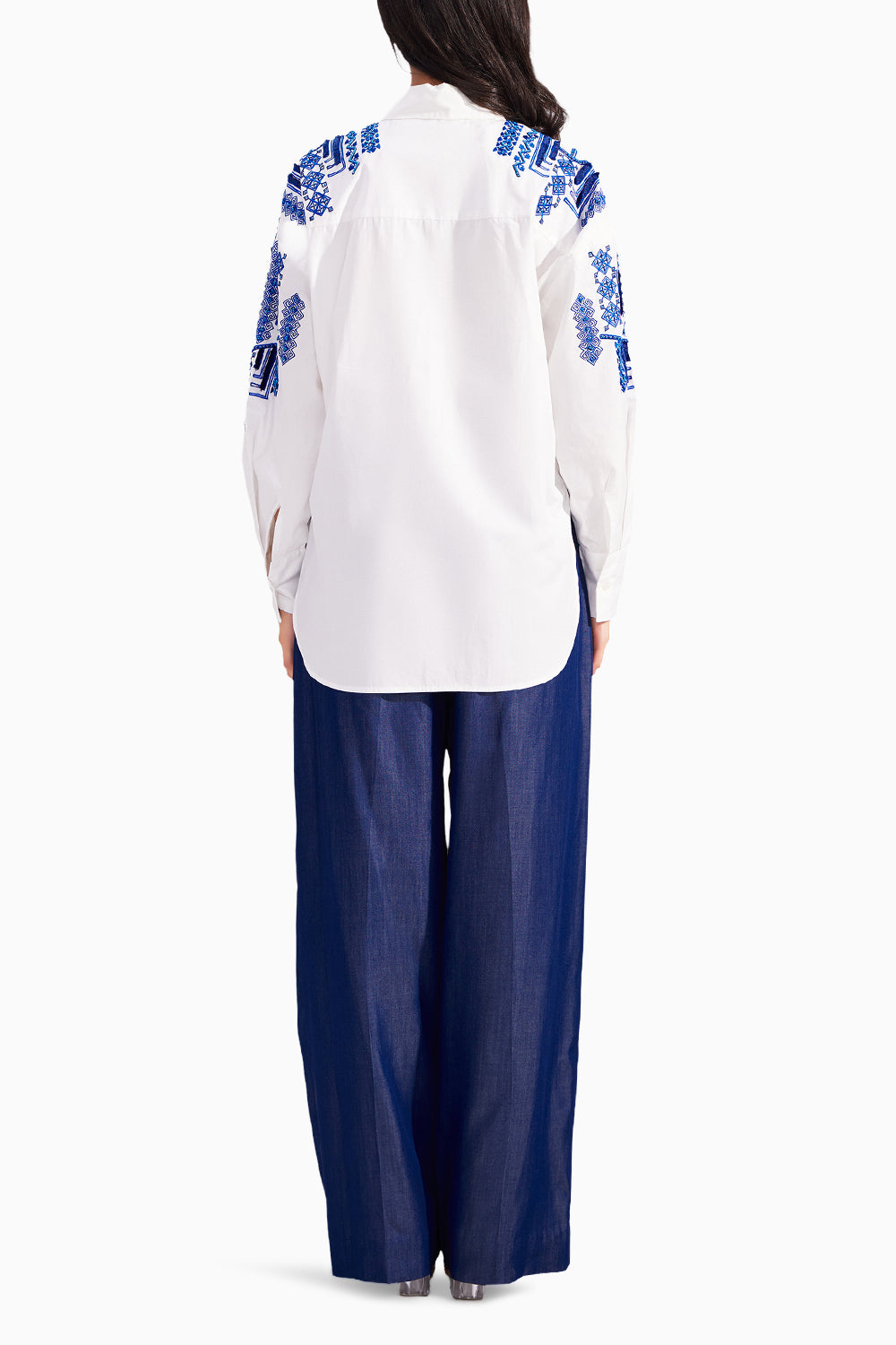 White moroccon embroidered shirt and Denim tencel everyday straight pants