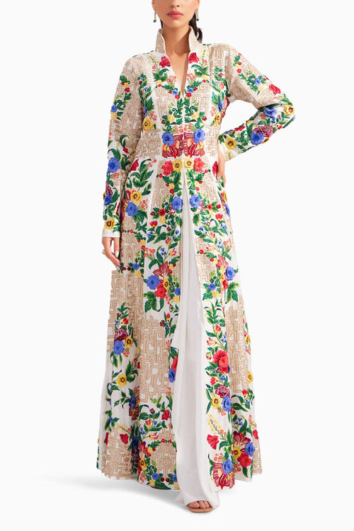 White Imperial Long Embroidered Jacket Dress & Pearl white pure silk draped skirt