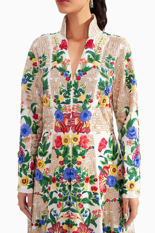 White Imperial Long Embroidered Jacket Dress & Pearl white pure silk draped skirt
