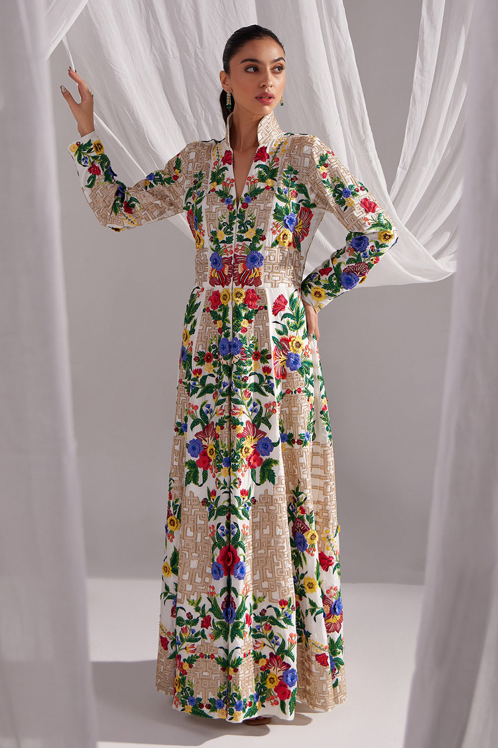 White Imperial Long Embroidered Jacket Dress