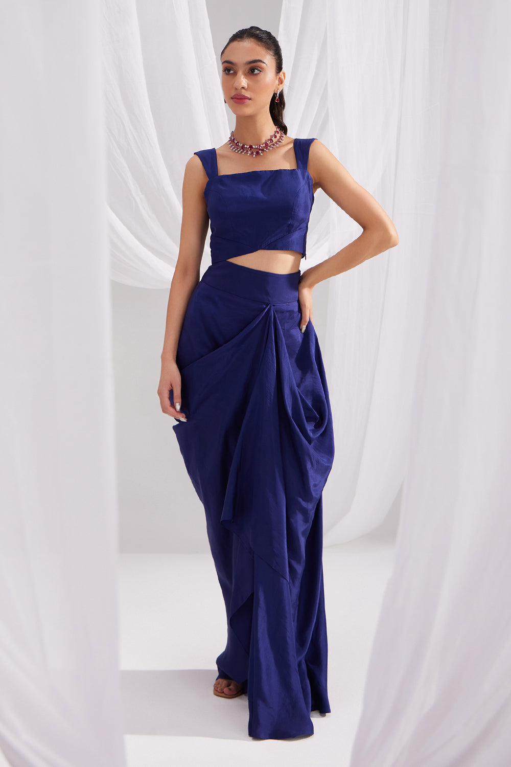 Midnight Blue Silk Bustier & Draped Skirt