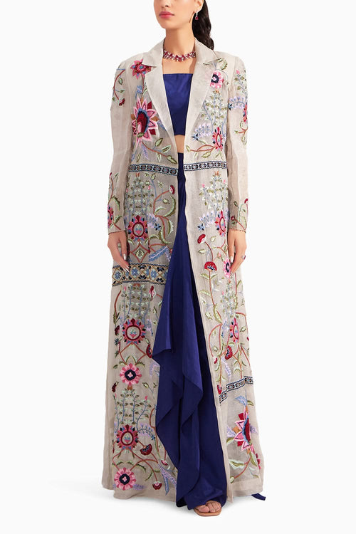 Silver Organza Treasure Embroidered Jacket & Midnight blue silk bustier and Midnight blue silk draped skirt