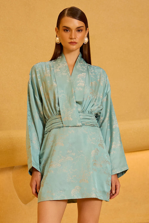Teal Jacquard Wrap Mini Dress