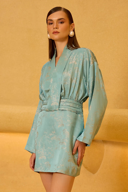 Teal Jacquard Wrap Mini Dress