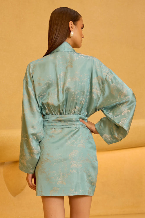 Teal Jacquard Wrap Mini Dress