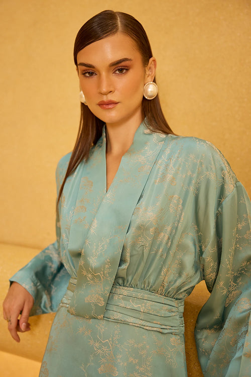 Teal Jacquard Wrap Mini Dress