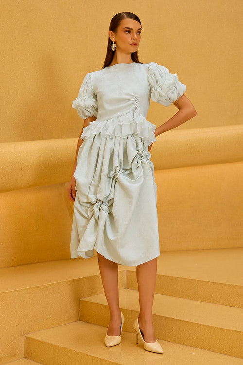 Pastel Green Jacquard Puff Sleeve Top and Smocked Skirt