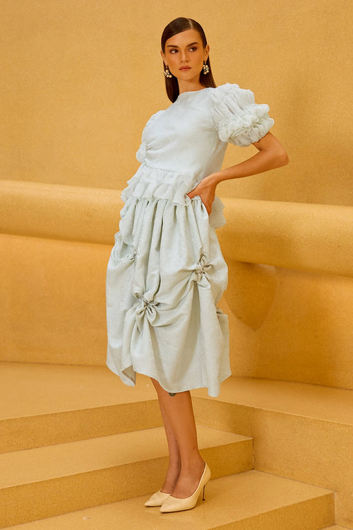 Pastel Green Jacquard Puff Sleeve Top and Smocked Skirt