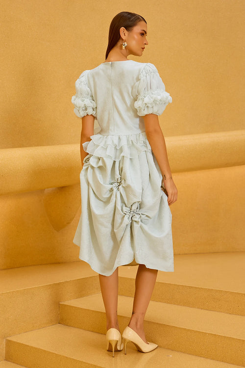 Pastel Green Jacquard Puff Sleeve Top and Smocked Skirt