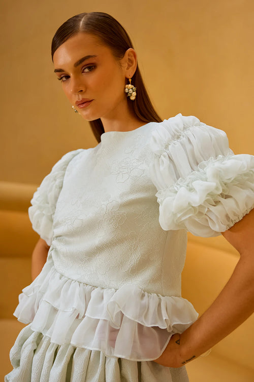 Pastel Green Jacquard Puff Sleeve Top and Smocked Skirt