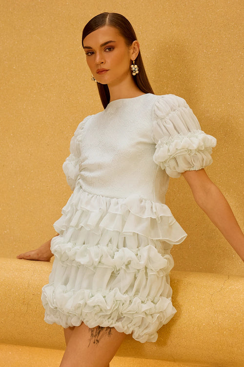 Pastel Green Jacquard Puff Sleeve Top and Ruffle Skirt Set
