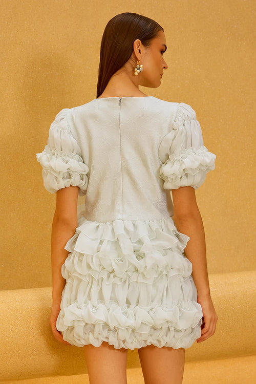 Pastel Green Jacquard Puff Sleeve Top and Ruffle Skirt Set