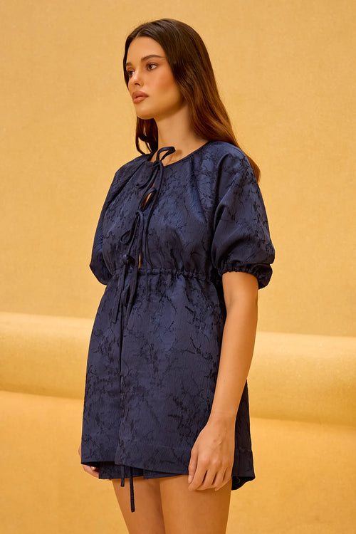 Navy Blue Jacquard Set with Puff Sleeves and Tie Closures