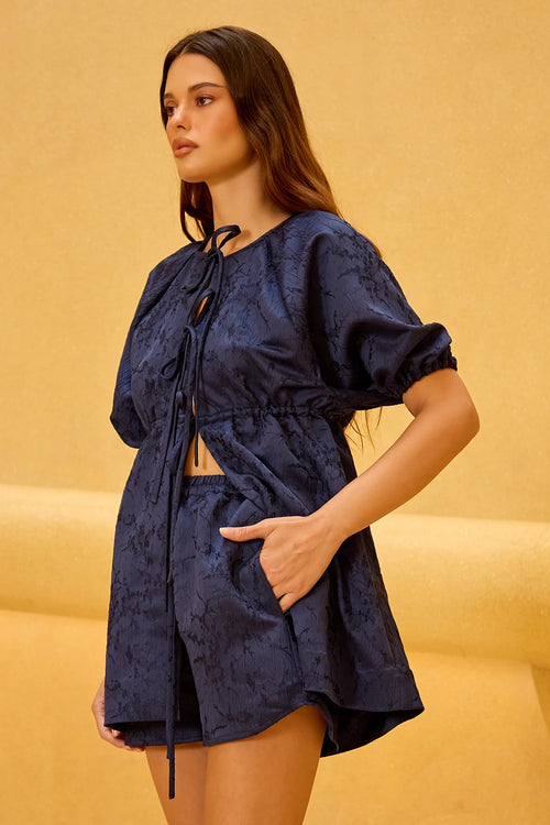 Navy Blue Jacquard Set with Puff Sleeves and Tie Closures