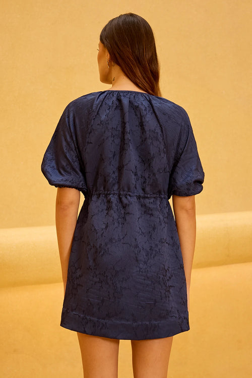 Navy Blue Jacquard Set with Puff Sleeves and Tie Closures