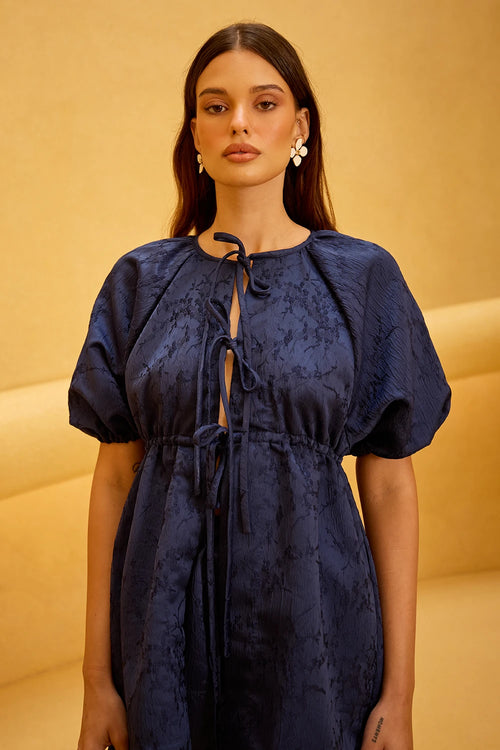 Navy Blue Jacquard Set with Puff Sleeves and Tie Closures