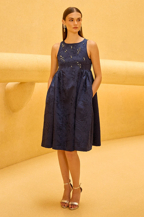 Navy blue Jacquard Midi Dress with Embellished Bodice