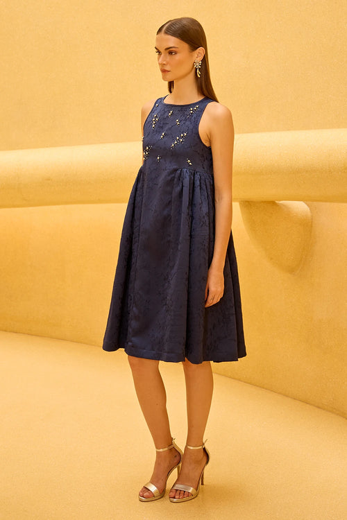 Navy blue Jacquard Midi Dress with Embellished Bodice