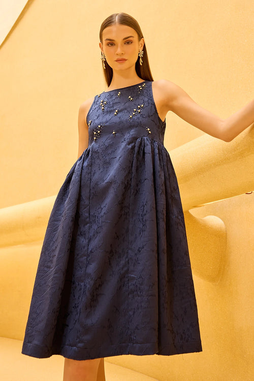 Navy blue Jacquard Midi Dress with Embellished Bodice