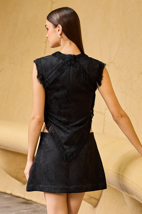 Black Jacquard Fringe Detail Top and Skirt Set