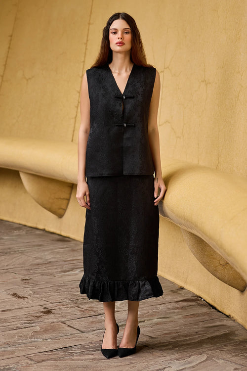 Black Jacquard Sleeveless Vest and Ruffled Hem Midi Skirt Set