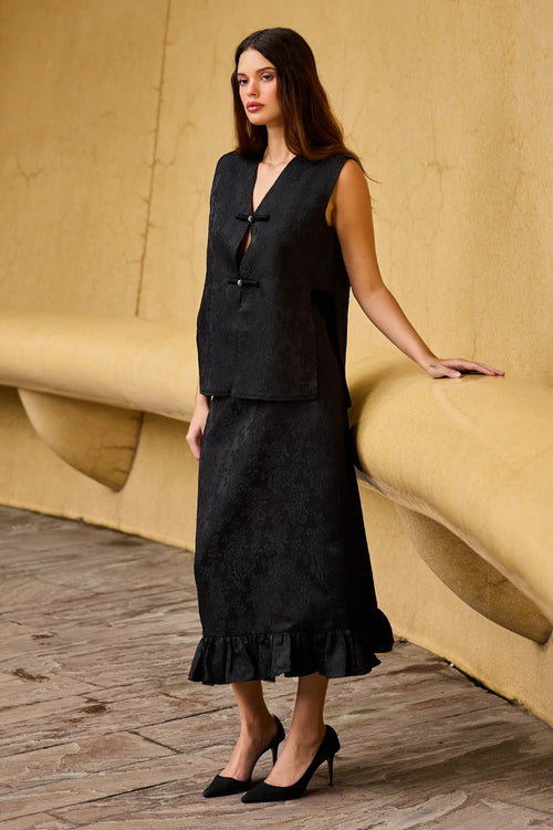 Black Jacquard Sleeveless Vest and Ruffled Hem Midi Skirt Set