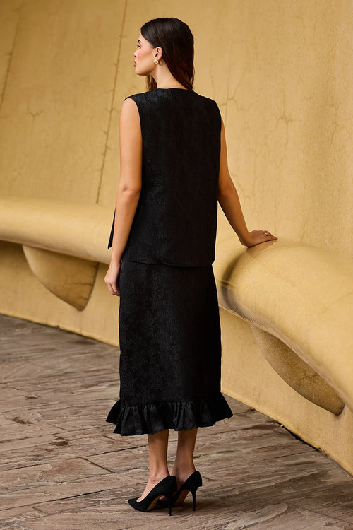 Black Jacquard Sleeveless Vest and Ruffled Hem Midi Skirt Set
