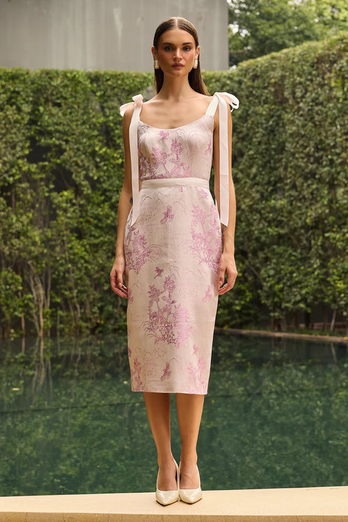 Blush Pink Jacquard Midi Dress with Bow Shoulder Straps