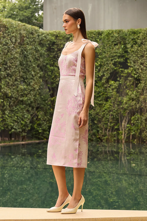Blush Pink Jacquard Midi Dress with Bow Shoulder Straps