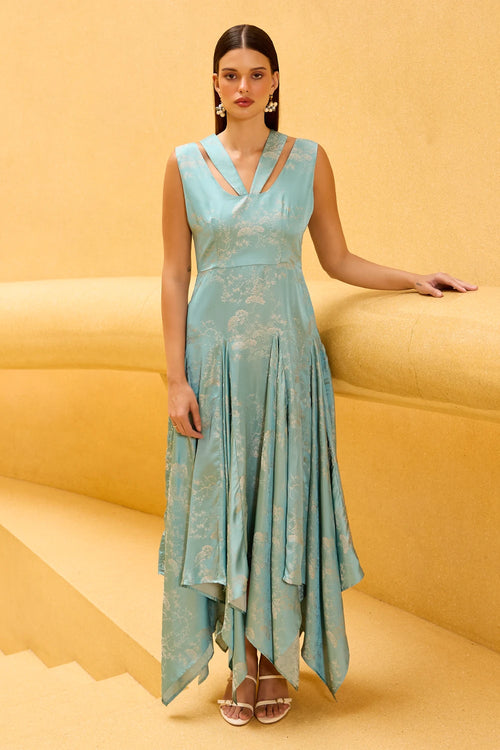 Pastel Blue Jacquard Asymmetrical Midi Dress
