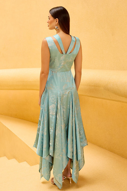 Pastel Blue Jacquard Asymmetrical Midi Dress