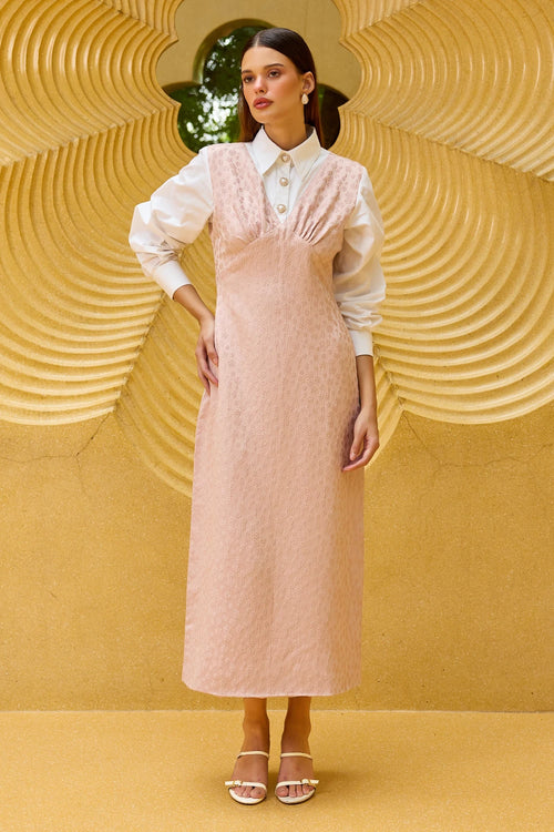 Blush Pink Jacquard Maxi Dress with Attached White Shirt Bodice