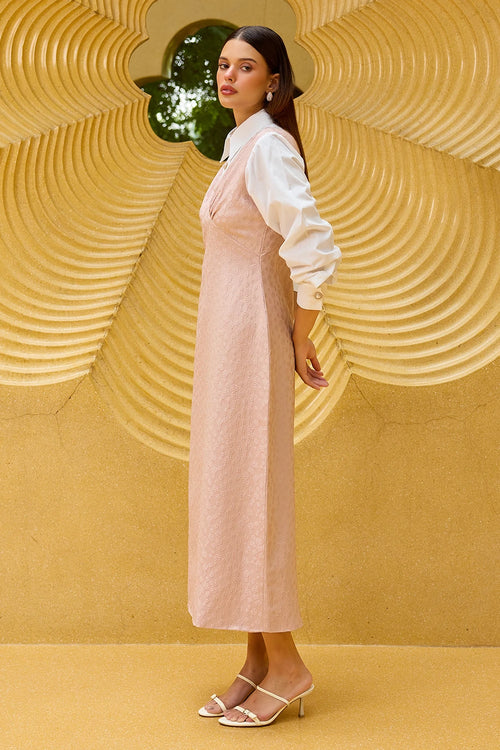 Blush Pink Jacquard Maxi Dress with Attached White Shirt Bodice