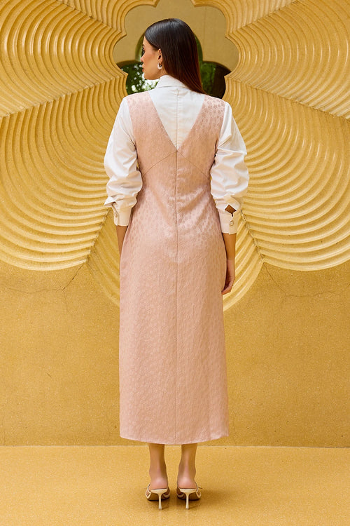 Blush Pink Jacquard Maxi Dress with Attached White Shirt Bodice