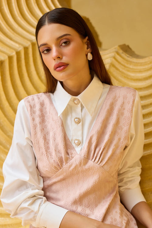 Blush Pink Jacquard Maxi Dress with Attached White Shirt Bodice