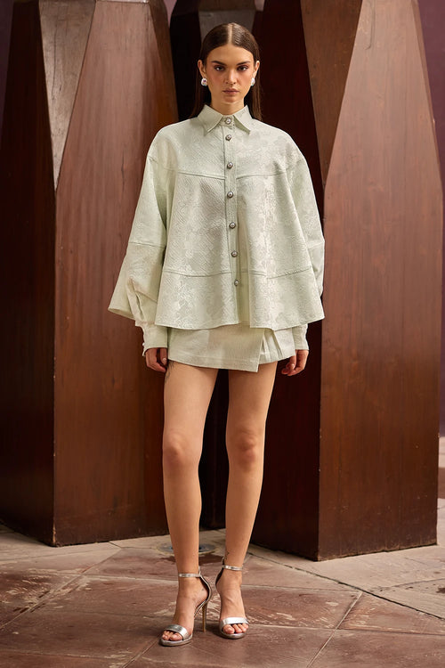 Pastel Green Jacquard Oversized Shirt with Matching Skort
