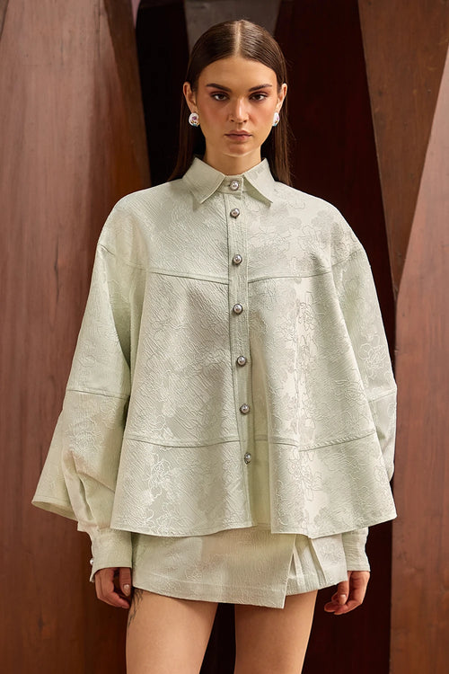 Pastel Green Jacquard Oversized Shirt with Matching Skort