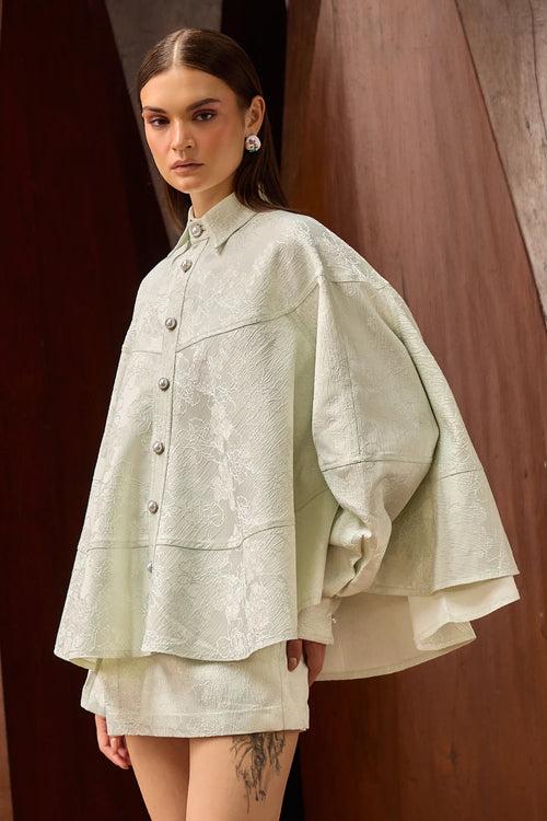 Pastel Green Jacquard Oversized Shirt with Matching Skort