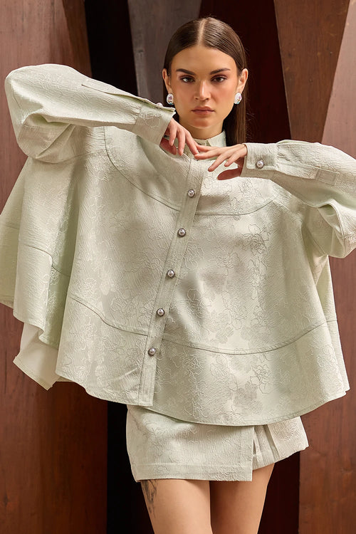 Pastel Green Jacquard Oversized Shirt with Matching Skort